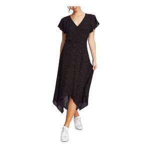 1. STATE Womens Black Polka Dot Cap Sleeve V Neck Dress 0
